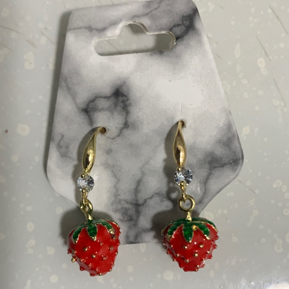 Gold-Tone Red Strawberry Drop Earrings - Unbranded - Picture 3 of 6